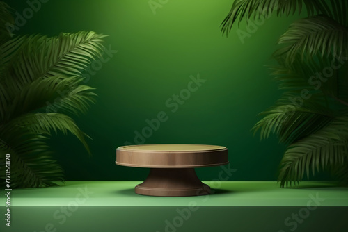 3D Realistic Wooden and Green Stone Podium with Tropical Palm Leaf Decoration, Product Display Mockup