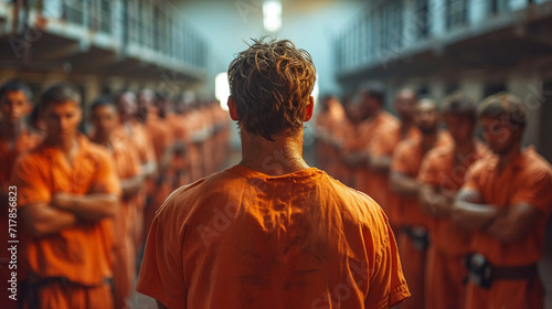 a gang of prisoners in uniform, in a prison