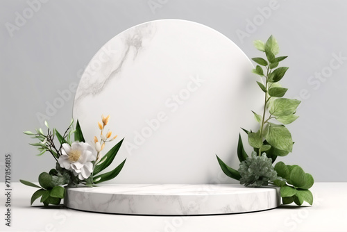 Green Nature Podium with White Flower and Stone Frame. Minimal 3D Display for Beauty