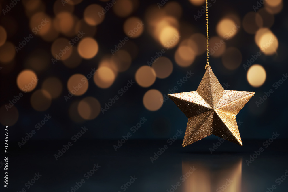 Golden Christmas Star with Bokeh Light Blurred Background Golden Christmas Star with Bokeh Light Blurred Background