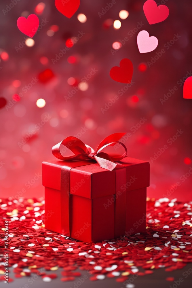 Red gift box on a red table with confetti in the form of hearts. Celebrating valentine's day, wedding, anniversary or birthday, love, copy space, vertical