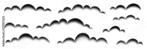 Drawing clouds isolated on white background, halftone dots, fading dot effect, vector design