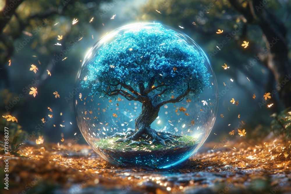 Fall Leaves in a Blue Bubble: A Monthly Event Inspired Artwork Generative AI