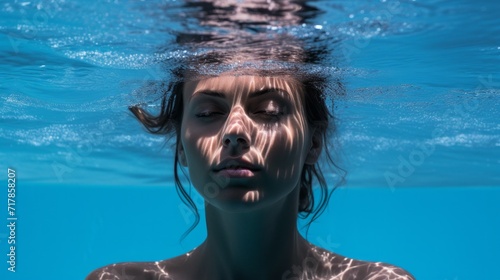 Portrait of a beautiful woman underwater on a blue background. © liliyabatyrova