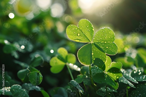 Clover leaves in drops of dew. St. Patrick's Day celebration, luck and fortune concept, copy space 