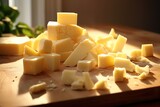a pile of yellow cheese slices in the shape of a box on the table
