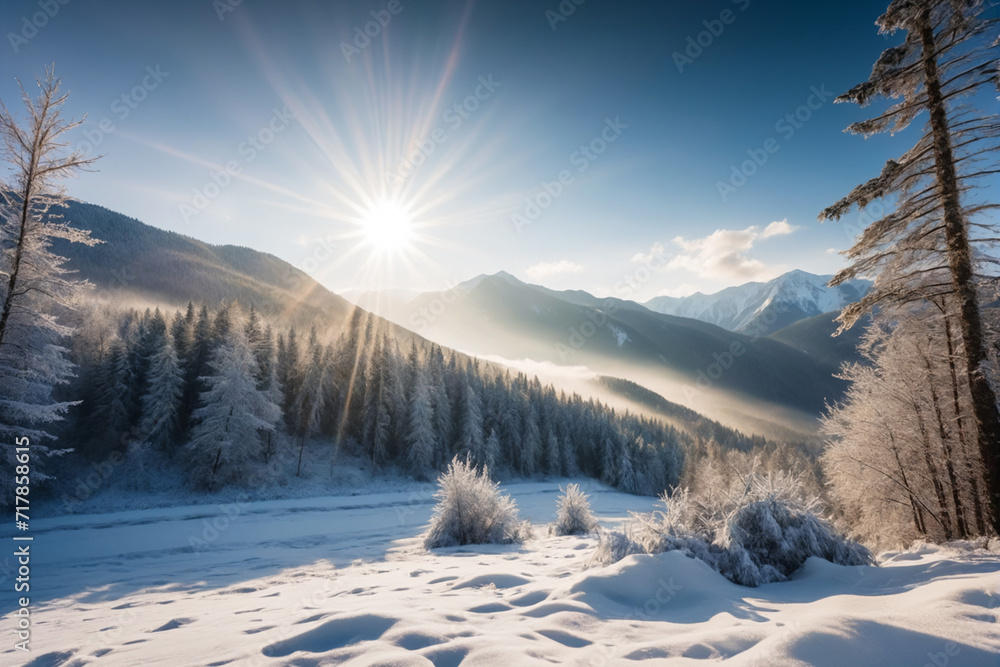 The sun shines brightly through the clouds over a frozen forest in a mountainous area with mountains in the background