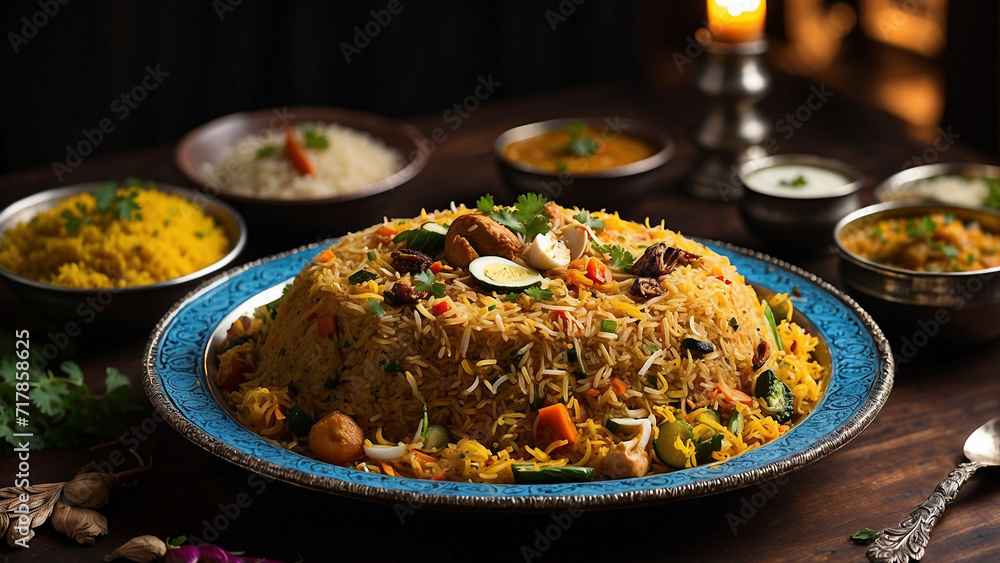 picture of a wooden table adorned with a steaming plate of veg biryani the intricate details of the traditional plate, and the layers of fragrant rice and vegetables picture of a wooden table adorned with a steaming plate of veg biryani the intricate details of the traditional plate, and the layers of fragrant rice and vegetables