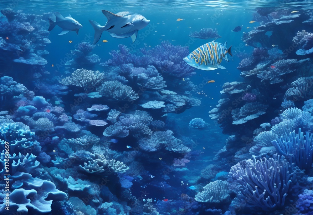 Obraz premium Blue fish swim deep in abstract reef generated