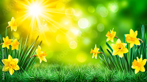 Vibrant Spring Meadow with Daffodils, Green Grass and Yellow Flowers, Easter Garden Scene, Sunny and Fresh Nature, Floral Background, Seasonal Beauty