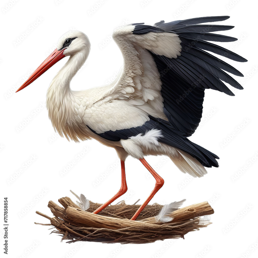 Fototapeta premium stork in the nest isolated on transparent or white background, PNG