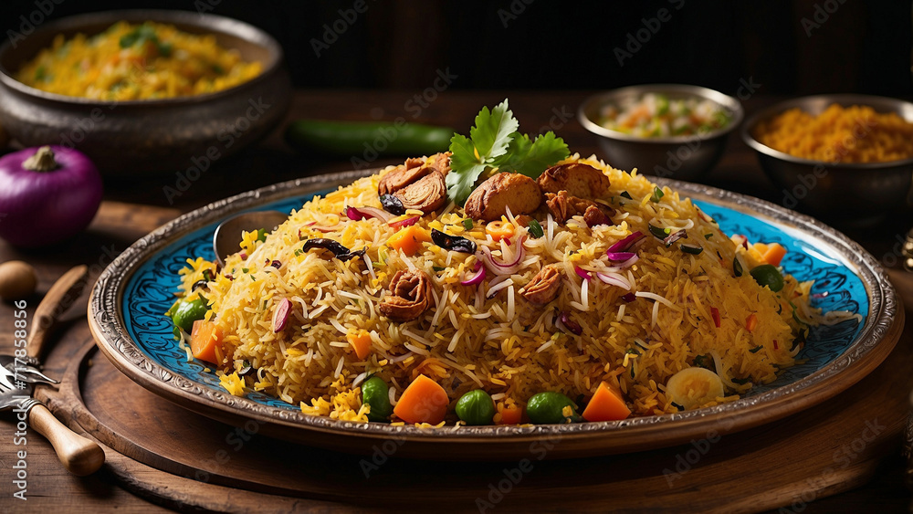 picture of a wooden table adorned with a steaming plate of veg biryani the intricate details of the traditional plate, and the layers of fragrant rice and vegetables