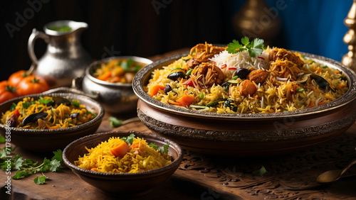picture of a wooden table adorned with a steaming plate of veg biryani the intricate details of the traditional plate, and the layers of fragrant rice and vegetables photo