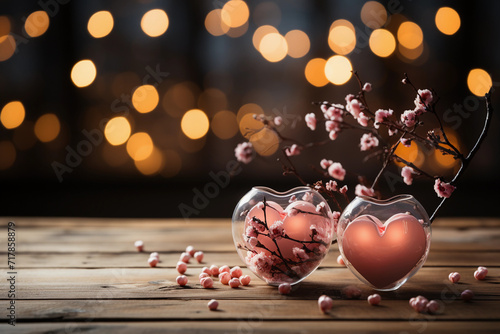 Two red hearts and candles on a table with blurry lights in the background. Valentine's Day Banner photo