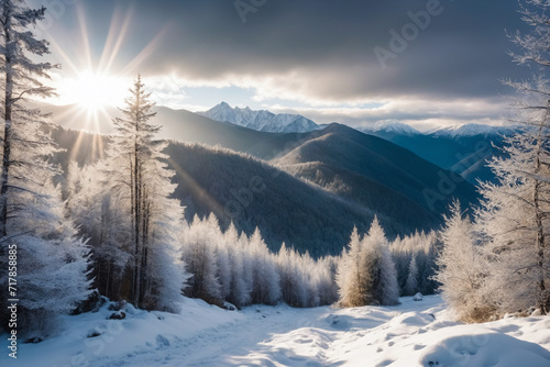 Wallpaper Mural The sun shines brightly through the clouds over a frozen forest in a mountainous area with mountains in the background Torontodigital.ca
