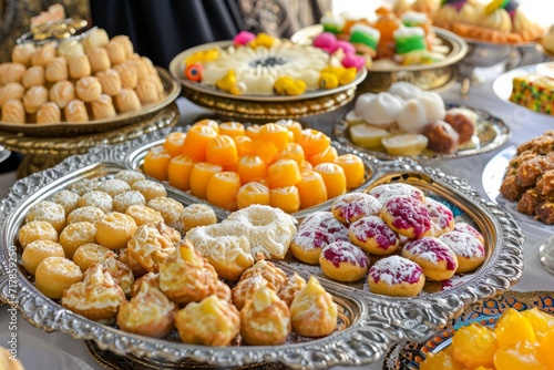 Ramadan food made from assorted middle eastern sweets maamoul, basbousa, awameh. Concept of celebration traditional arabic Eid al Adha, Eid al Fitr