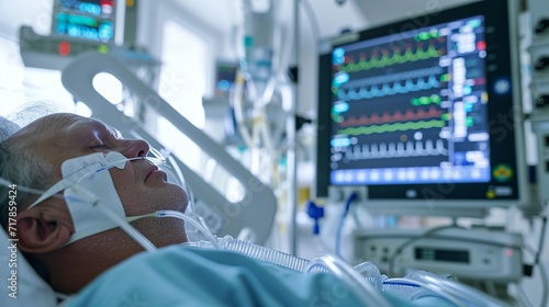 The critically ill patient lies in the hospital's intensive care unit with various monitoring devices placed on her body.