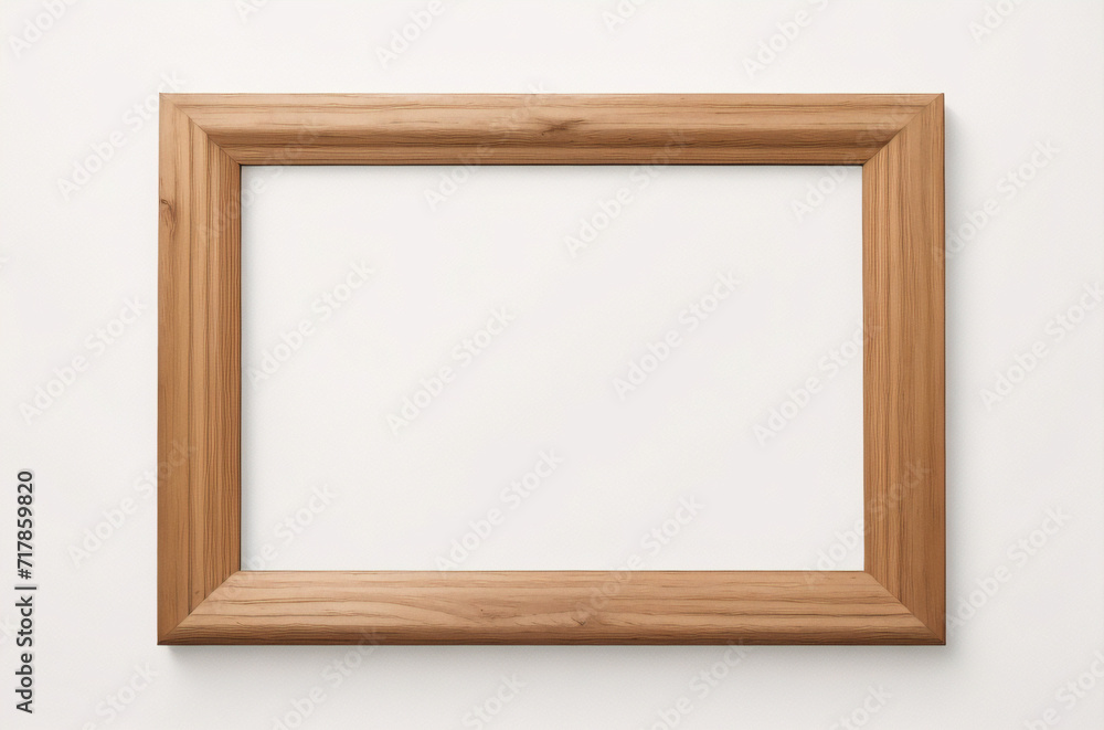 Marco vertical rectangular fino de madera clara colgado en una pared con textura blanca, plano, vista superior, ilustración 3D. Marco vertical rectangular fino de madera clara colgado en una pared con textura blanca, plano, vista superior, ilustración 3D.