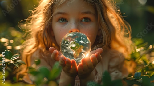 Eco-Warrior Girl Holds Earth Globe Generative AI photo