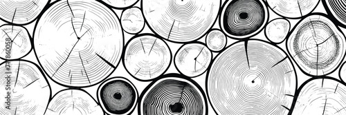 Log cut, vector banner. Tree rings pattern, shades of gray.	
