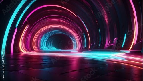 illustration of abstract glowing shiny spiral shaped tunnel with bright neon lines in darkness. generative, AI.