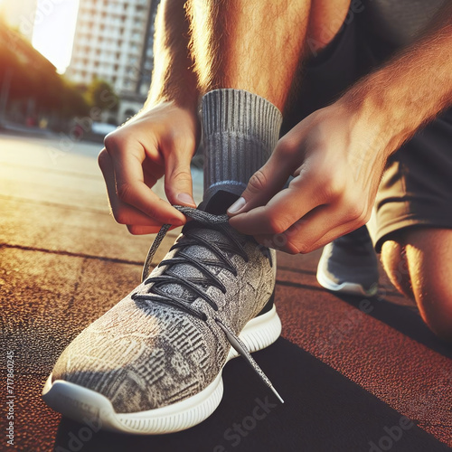 Young man tying shoelaces on his sneakers. Sport and healthy lifestyle concept.