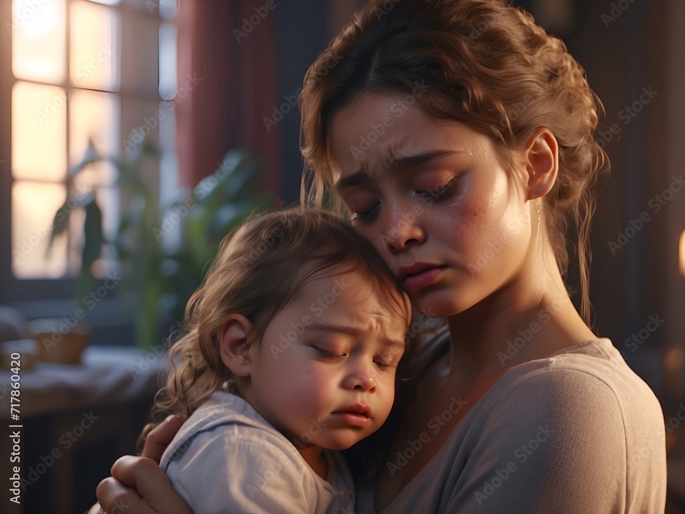 Fototapeta premium Mutter tröstet nimmt ihr krankes Kind auf den Arm und tröstet es