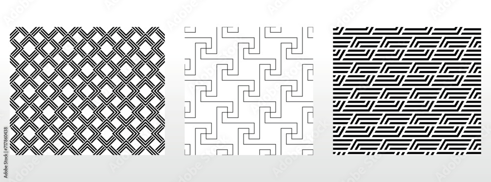 Geometric set of seamless black and white patterns. Simple vector graphics