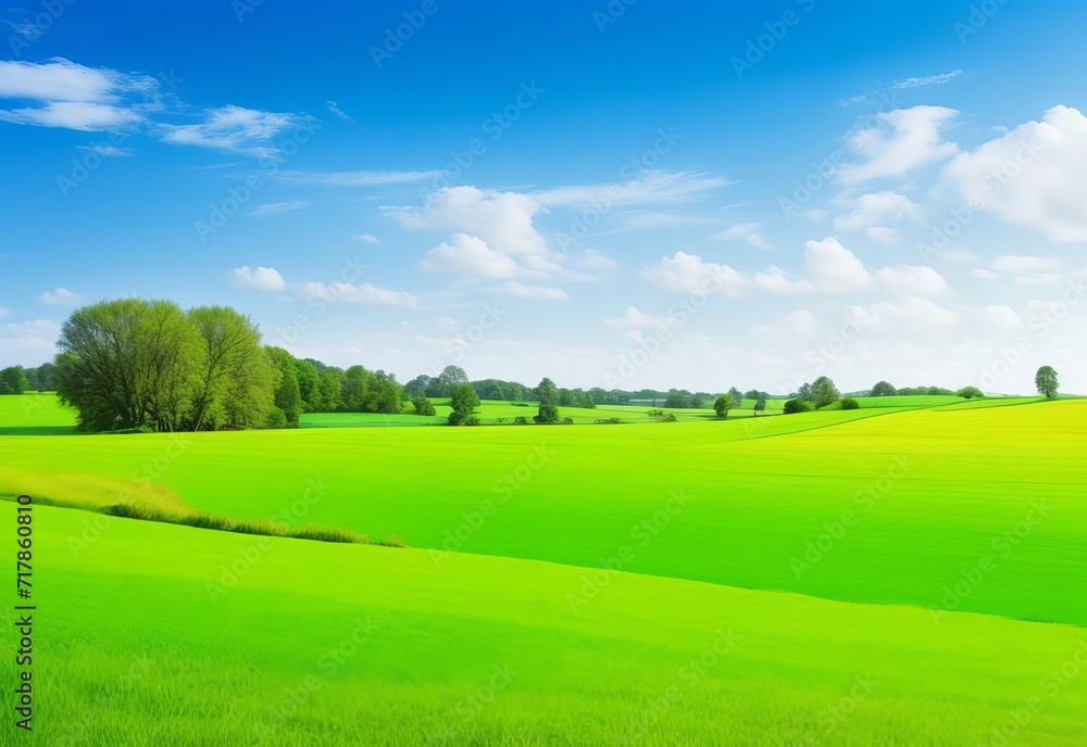 Fototapeta premium Country landscape with fields green grass trees