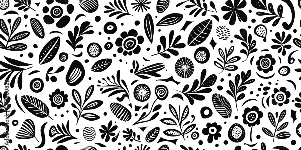 Hand drawn plant elements, flowers and leaves, seamless pattern, vector design Hand drawn plant elements, flowers and leaves, seamless pattern, vector design