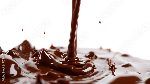 Pouring chocolate dripping from top isolated on white photo