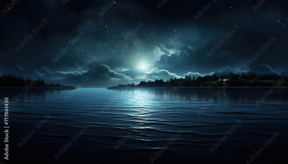 Night sky over water.. Panorama, clouds, starry night