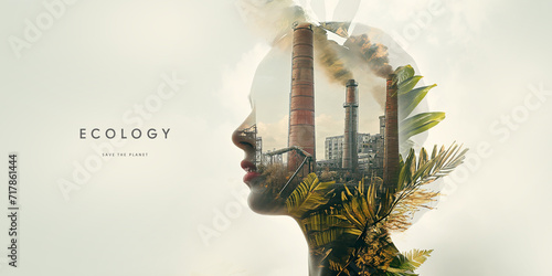 Ecology. Banner with female silhouette, tropical leaves, and industrial smokestacks, titled 'Ecology' with 'Save the Planet' slogan.