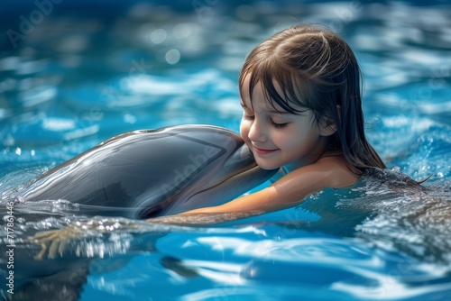 smiling dolphin in blue water, dolphin and human