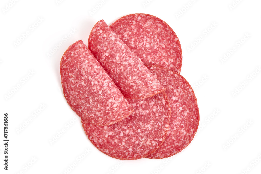 Salami slices isolated on white background. Salami slices isolated on white background.