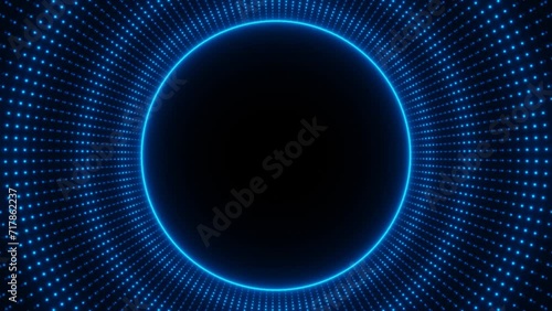 Blue neon circle frame with waves of dots loop animation