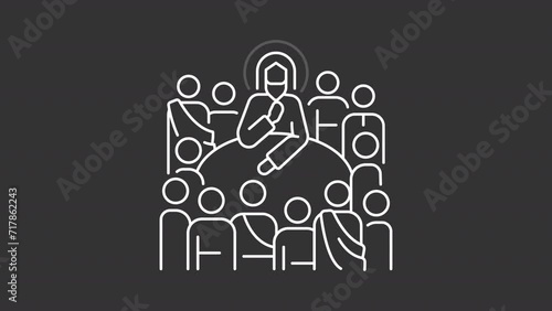 Last Supper white line animation. Jesus Christ and twelve apostles animated icon. Holy communion. New testament. Isolated illustration on dark background. Transition alpha video. Motion graphic photo