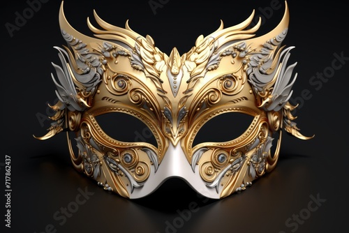 Extravagant Golden Masquerade Mask with Elaborate Feather Design - Generative AI