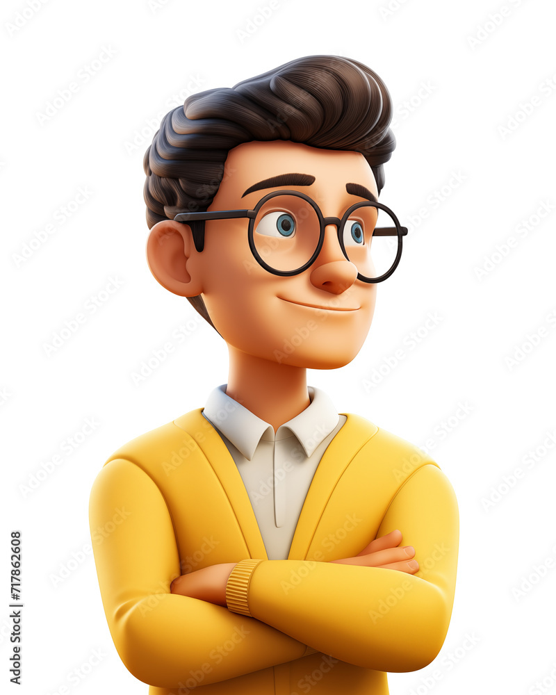 Closeup of serious youn man in yellow cardigan and glasses, looking to side. 3D rendering illustration Closeup of serious youn man in yellow cardigan and glasses, looking to side. 3D rendering illustration
