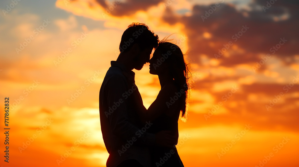 romance silhouette of couple at sunset