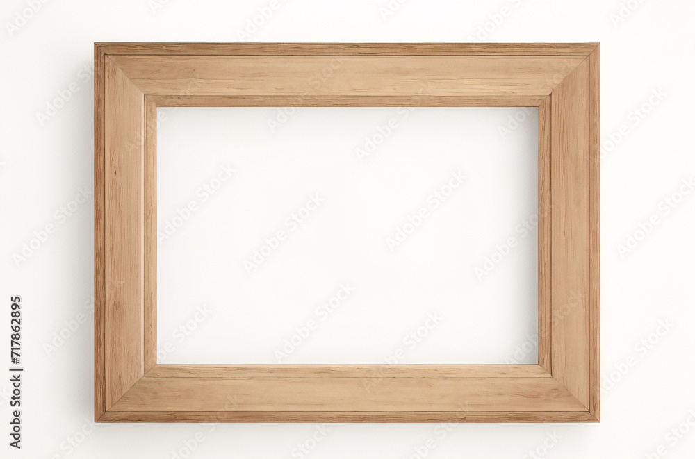 Marco vertical rectangular fino de madera clara colgado en una pared con textura blanca, plano, vista superior, ilustración 3D.