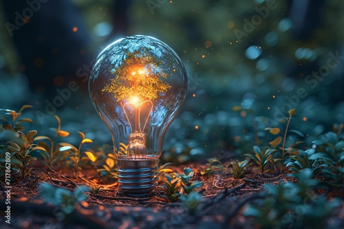 Eco-Friendly Lighting: A Glowing Tree in a Bottle Generative AI