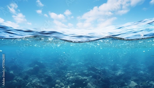 Water wave underwater blue ocean swimming pool wide panorama background, blue sky © Flying Fred