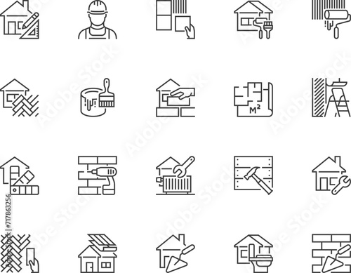 House repair and renovation. Painting Walls, roof repair, laying tiles, laminate installation. Tools, building materials, sanitary, carpentry. 64x64 vector line icons set. Editable stroke. Pixel perfe