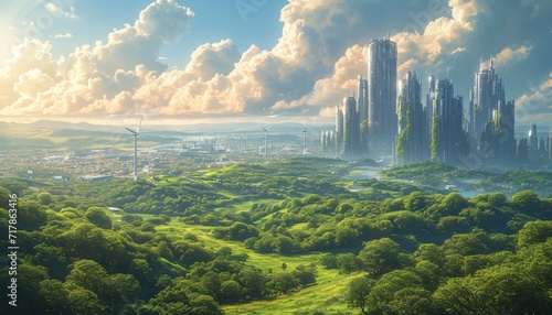 Sustainable Cityscape: A Futuristic View of Wind Turbines and Skyscrapers Generative AI photo