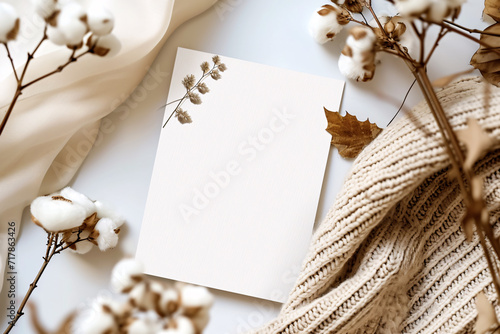 Post paper Card Mockup, Wedding Invitation card Mockup Flat lay Photography against the dried plant and white flowers © Microstocke