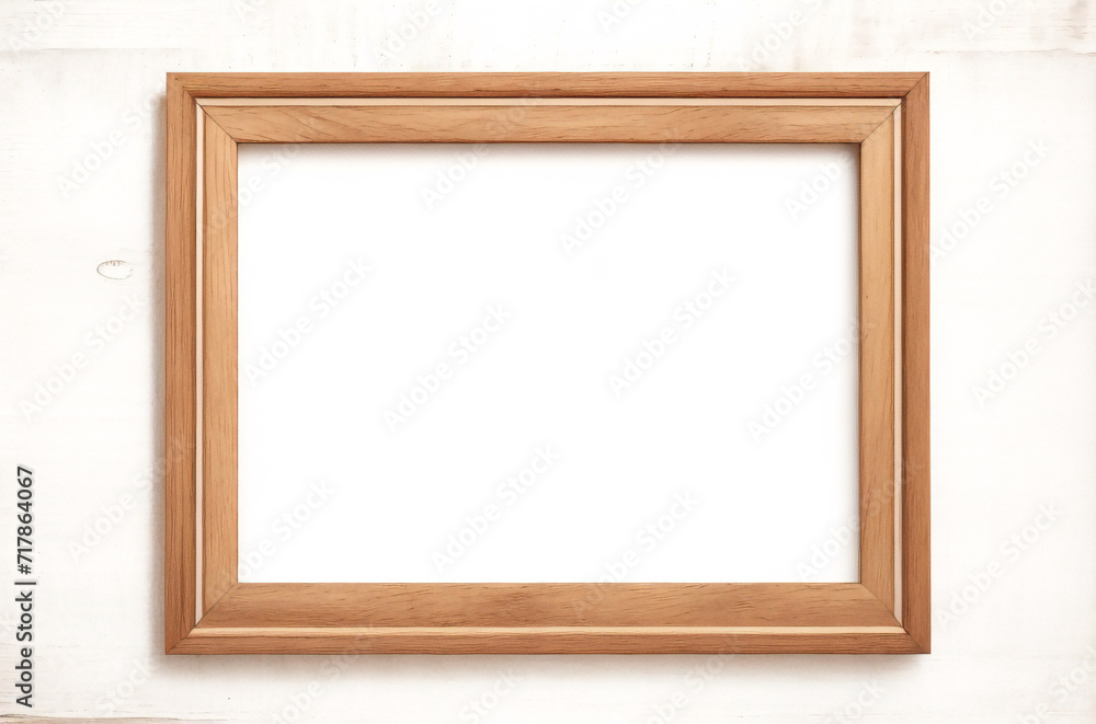 Marco vertical rectangular fino de madera clara colgado en una pared con textura blanca, plano, vista superior, ilustración 3D. Marco vertical rectangular fino de madera clara colgado en una pared con textura blanca, plano, vista superior, ilustración 3D.