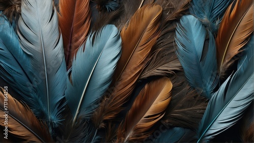 illustrations of colorful plumage feathers with light blue and brown pattern arranged in beautiful array.  generative, AI. photo