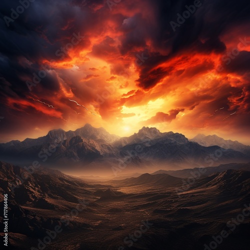 A breathtaking view of a mountain range silhouetted against the fiery colors of a sunset sky, with dramatic clouds adding depth.