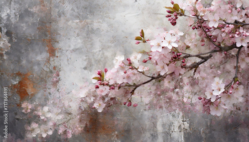 Tło, tapeta z motywem betonu i kwiatów wiśni w podwójnej ekspozycji. Generative AI © mycatherina